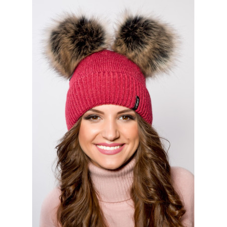 Smooth winter hat with cuff and two eco pompoms