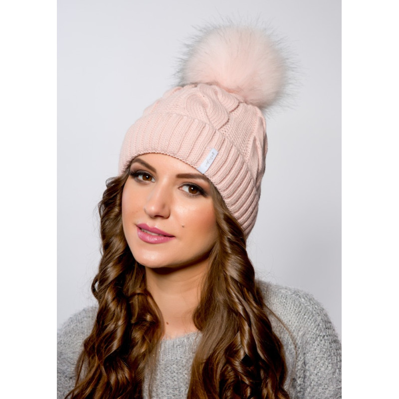 Braid winter hat with cuff and pompom