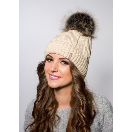 Braid winter hat with cuff and pompom