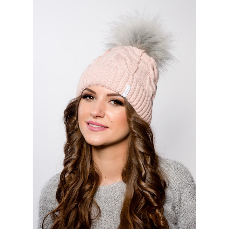 Braid winter hat with cuff and pompom