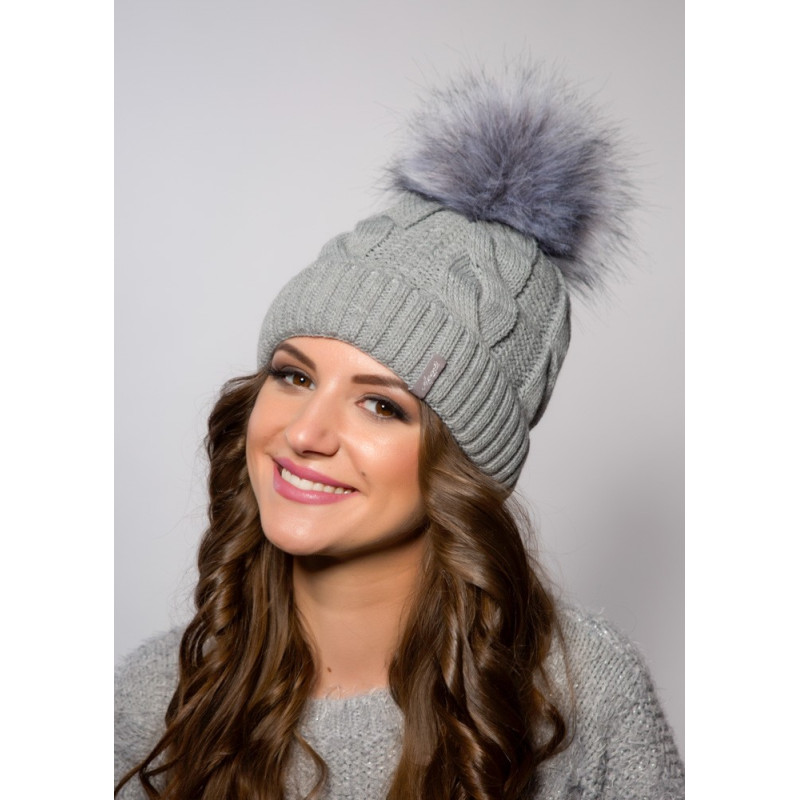 Braid winter hat with cuff and pompom