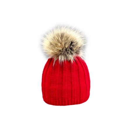 Striped cap with natural pompom