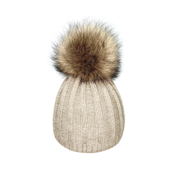Striped cap with natural pompom