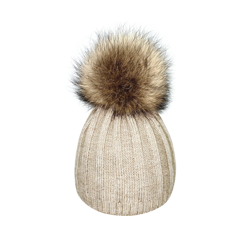 Striped cap with natural pompom