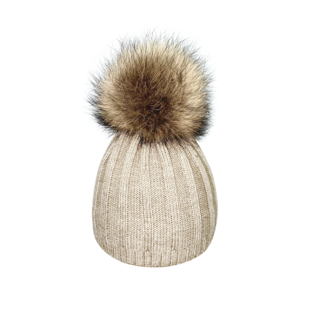 Striped cap with natural pompom
