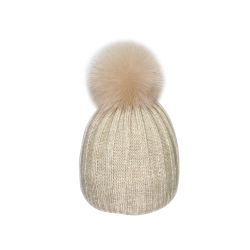 Striped cap with natural pompom