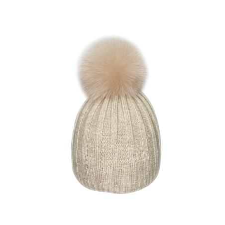 Striped cap with natural pompom