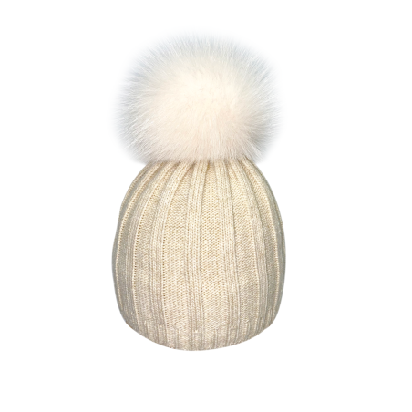 Striped cap with natural pompom