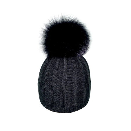 Striped cap with natural pompom