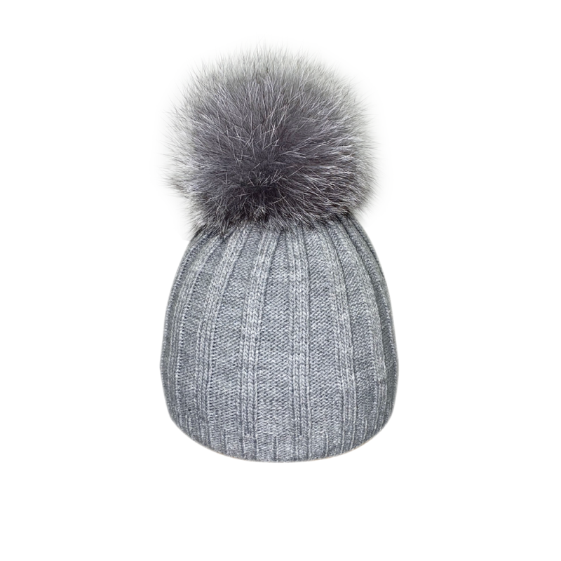 Striped cap with natural pompom