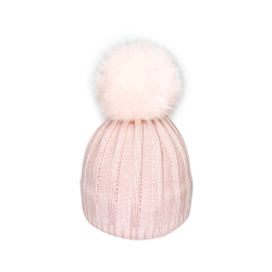Striped cap with natural pompom