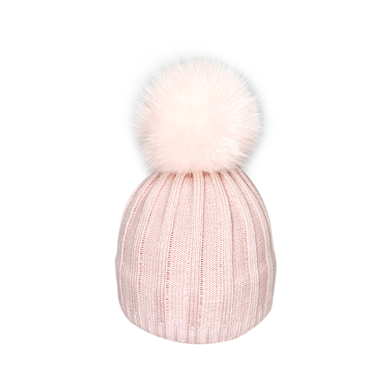 Striped cap with natural pompom
