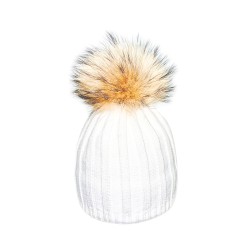 Striped cap with natural pompom