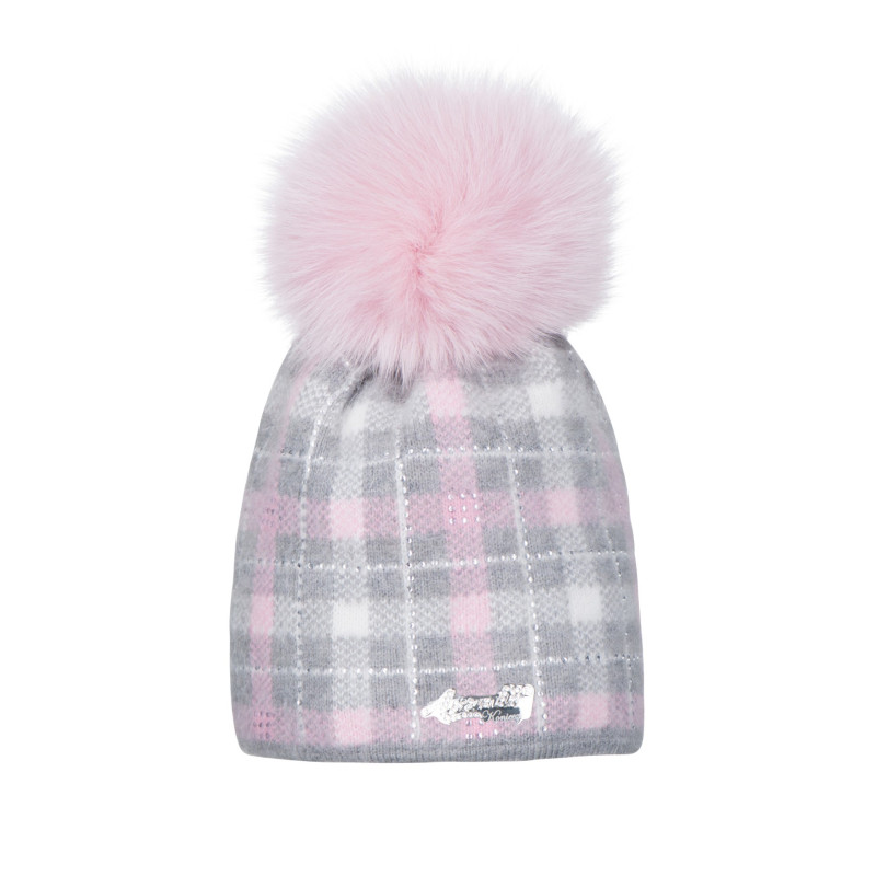 Czapka zimowa Angora kratka z naturalnym pomponem