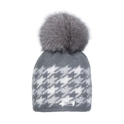 Czapka zimowa Angora pepitko z naturalnym pomponem